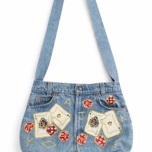 Vintage Denim Patchwork Shoulder Bag ✧ Playing Cards & Dice Embroidered Tote